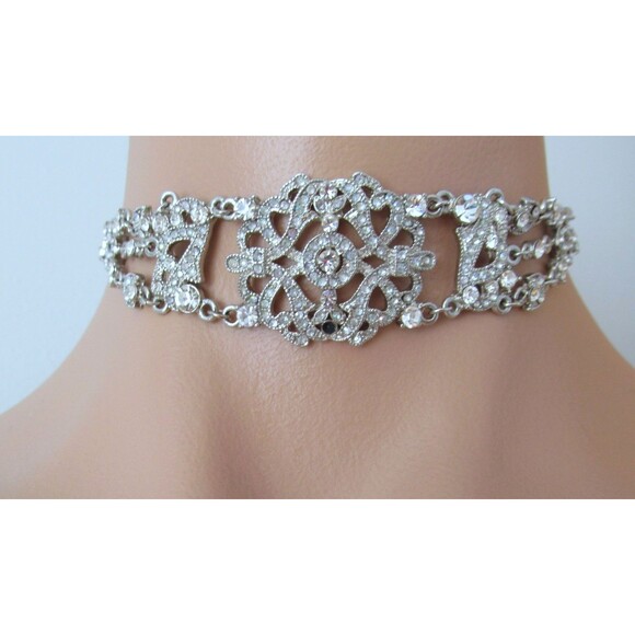 VTG Rhinestone Prong Set Choker Necklace Clear Adjustable VOLM - Picture 2 of 8